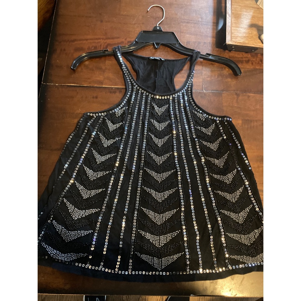 Express Womens XS BlackSequin BeadedRacerback TankTop Chevron Embellished Blouse